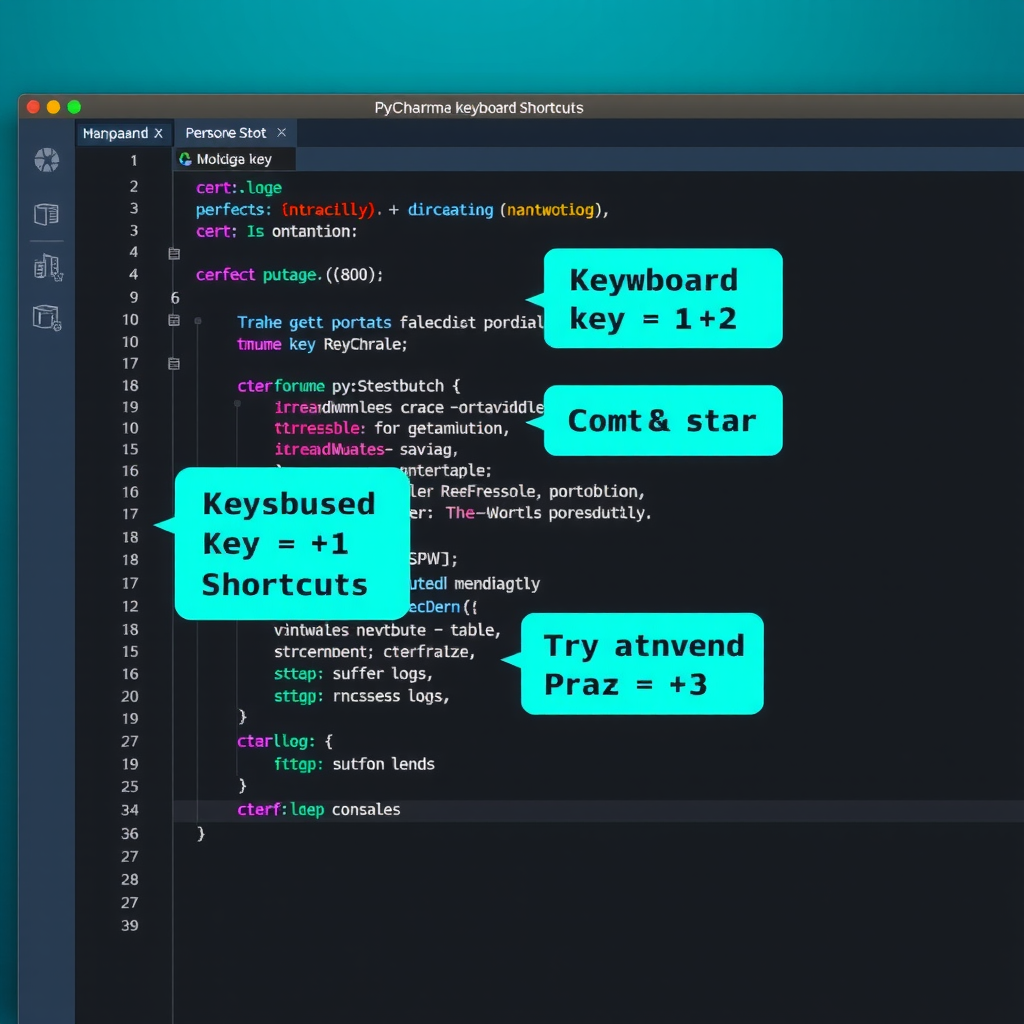 Illustration showing PyCharm IDE interface with highlighted keyboard shortcuts overlay, featuring code editor with Python syntax highlighting and shortcut key combinations displayed in teal accent boxes