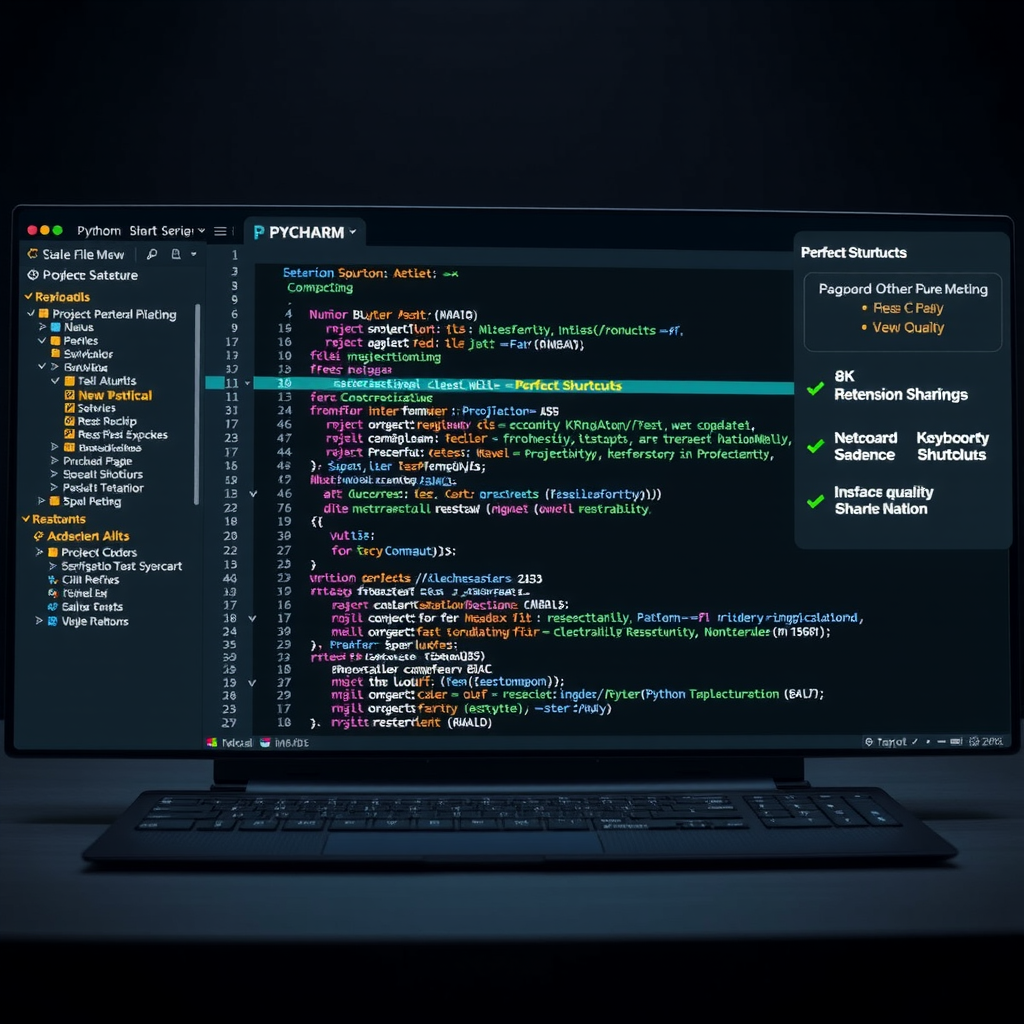 PyCharm IDE interface displaying Python code editor with multiple files open, project structure panel on the left, and keyboard shortcuts overlay highlighting productivity features