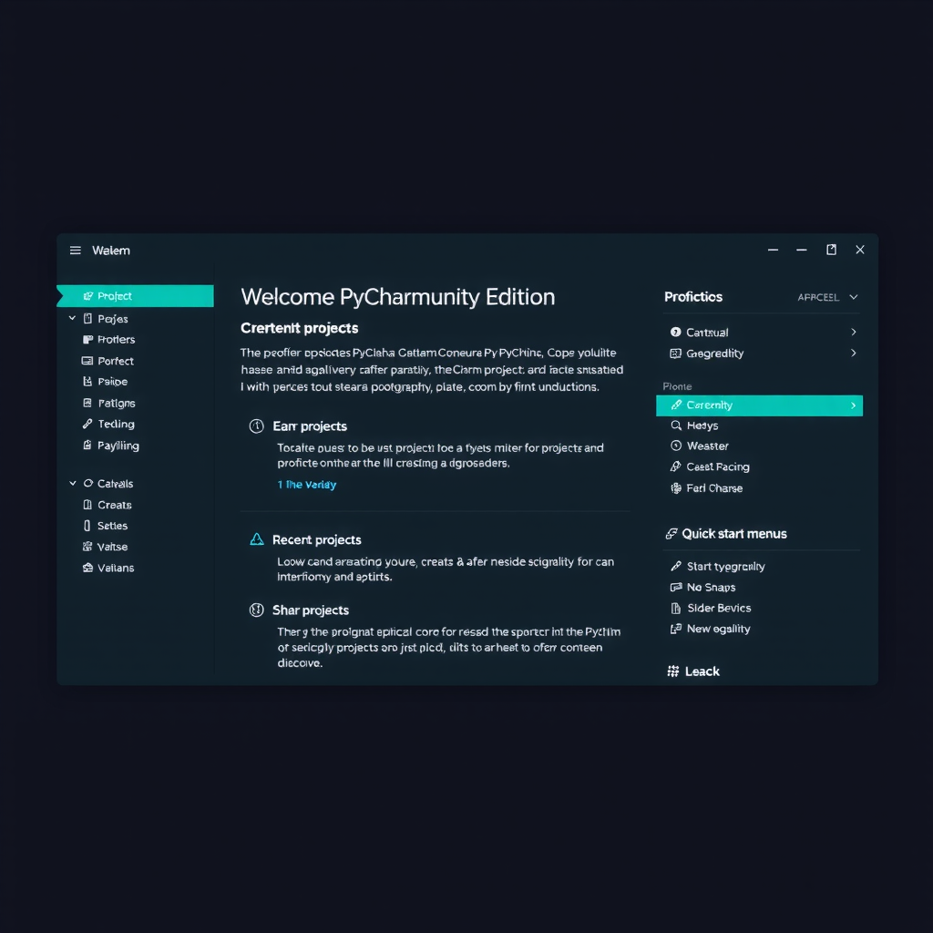PyCharm Community Edition welcome screen showing the main interface with project creation options, recent projects list, and quick start menu. The interface displays the modern dark theme with teal accent colors and clean typography typical of JetBrains IDEs.