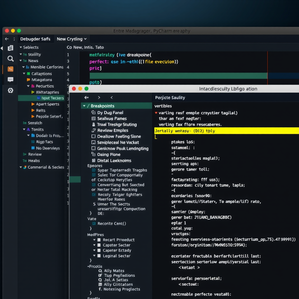 PyCharm debugger interface showing the debug panel with breakpoints, variables window, and code editor with highlighted execution line