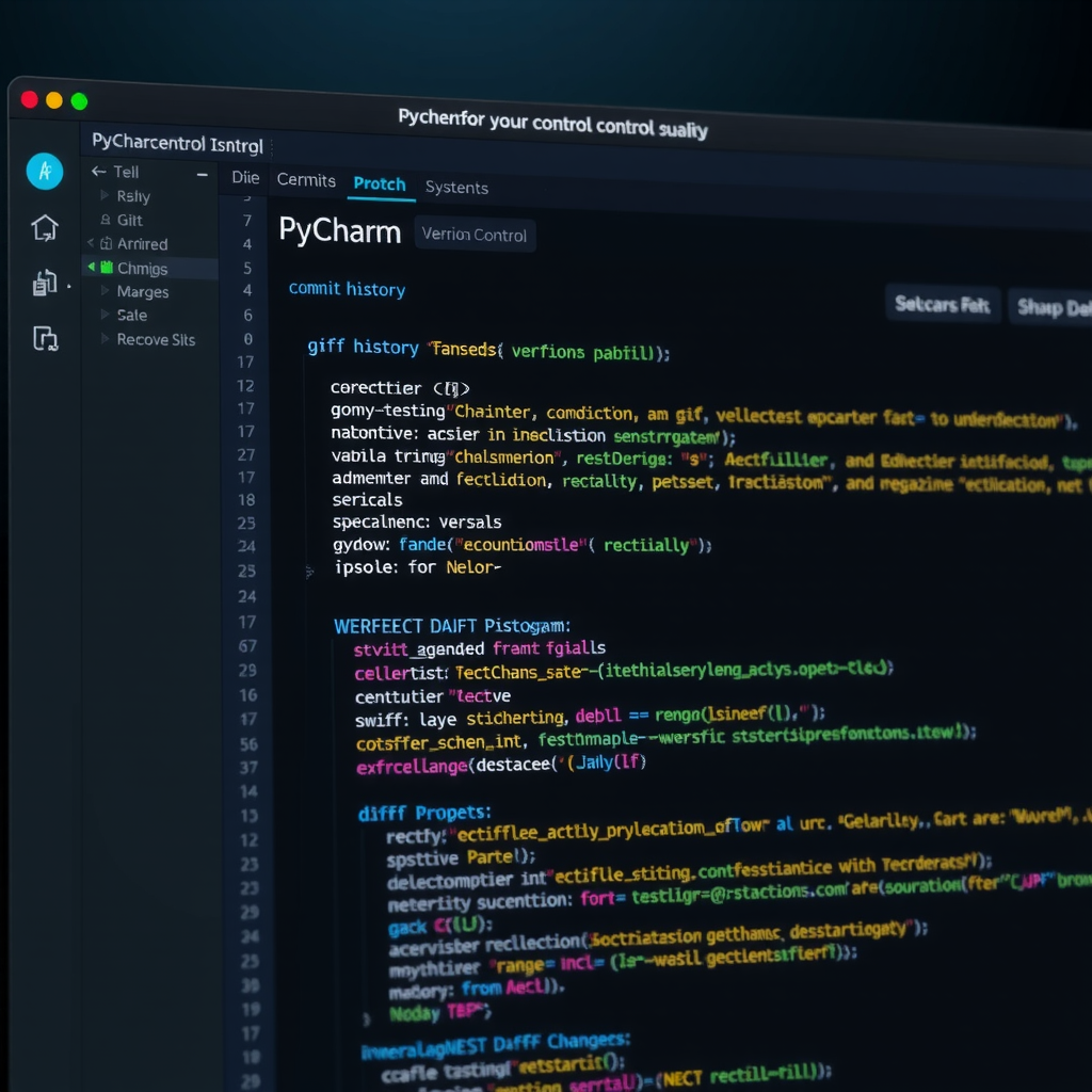 PyCharm version control interface showing Git integration with commit history, branch management, and diff viewer displaying code changes with syntax highlighting