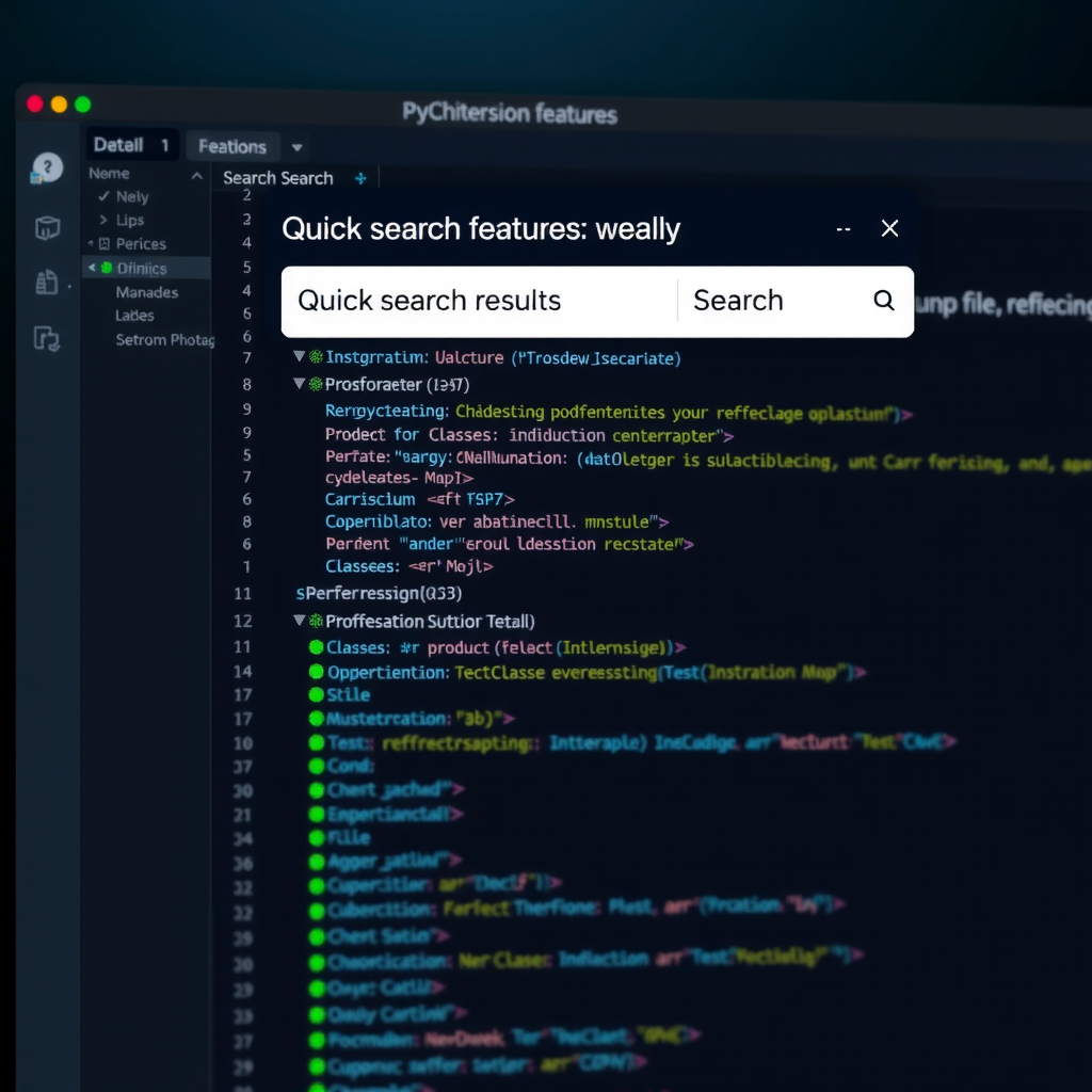 PyCharm navigation features in action showing the quick search dialog with fuzzy matching results and visual indicators of code jumping between different files and classes