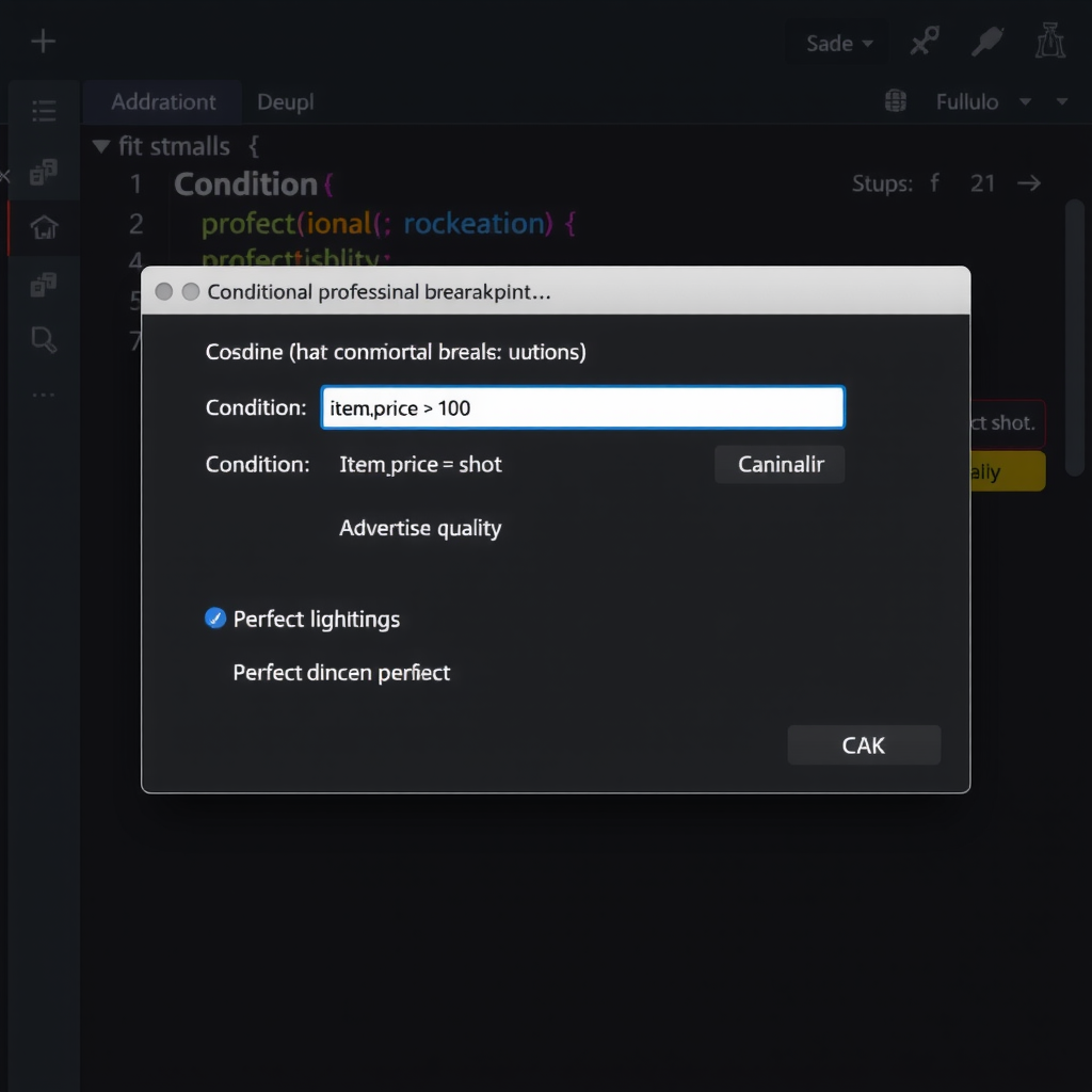 PyCharm conditional breakpoint dialog showing condition input field with example condition 'item.price > 100' and various breakpoint options