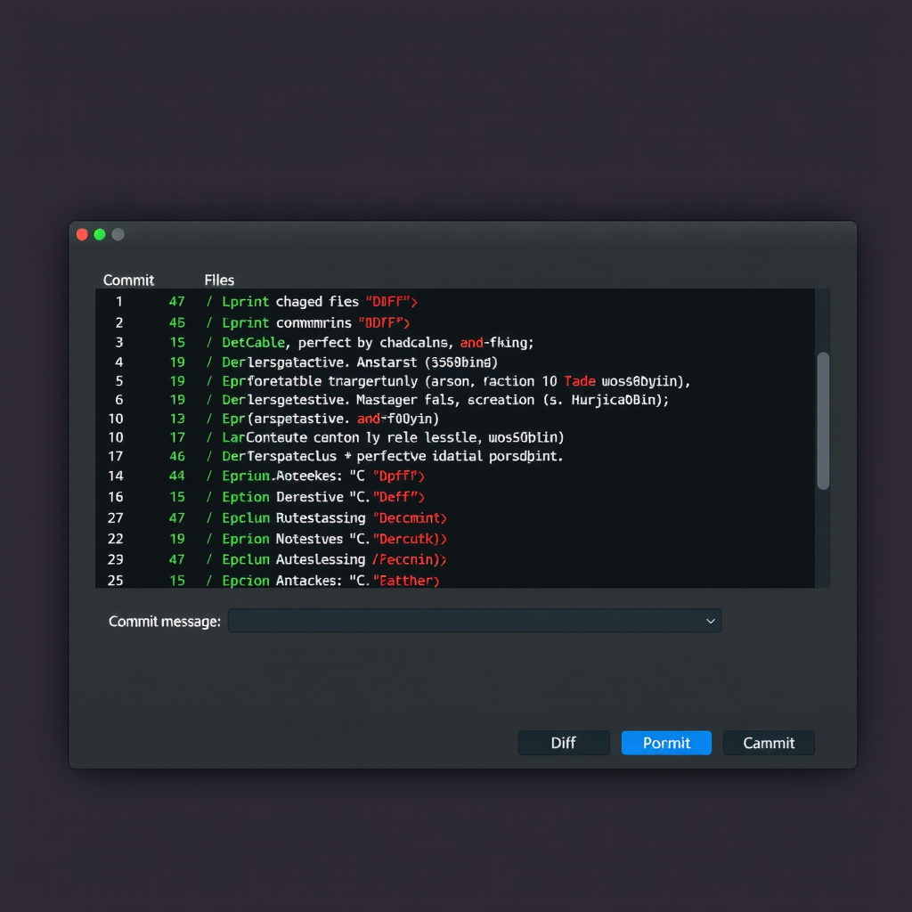 PyCharm commit dialog window displaying changed files list, diff viewer showing code modifications with green additions and red deletions, commit message field, and commit options checkboxes