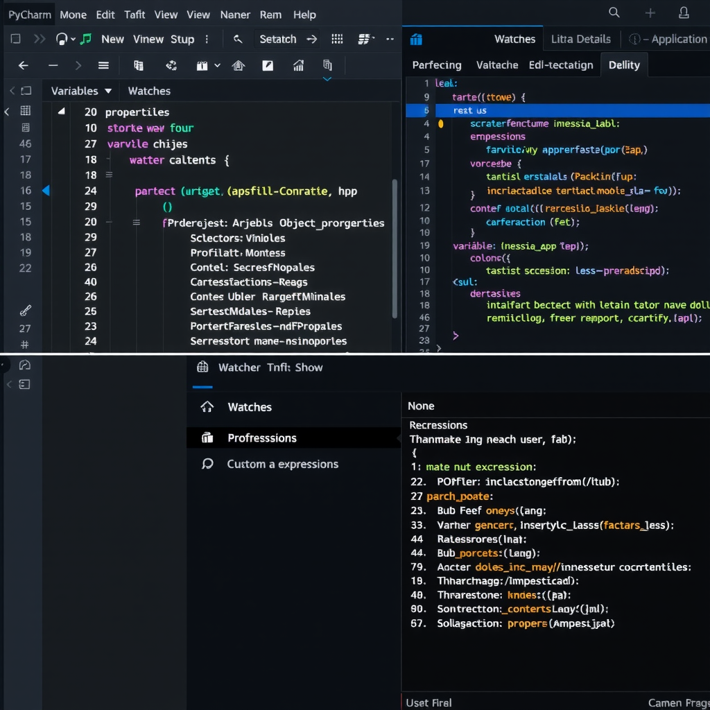 PyCharm variables panel showing expanded object hierarchy with properties, and watches panel displaying custom expressions being monitored during debugging session
