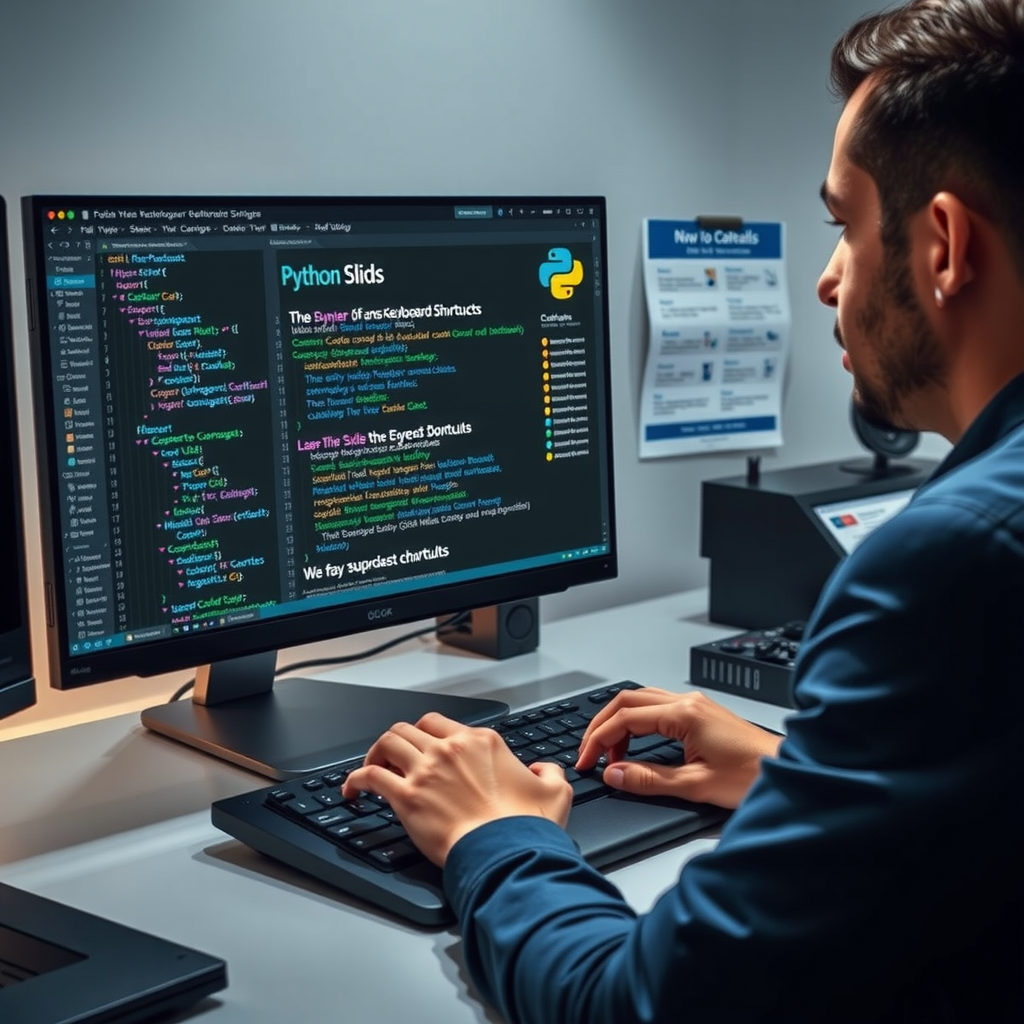 Professional developer working at desk with PyCharm IDE on screen showing Python code, keyboard shortcuts reference sheet posted on monitor, hands positioned on keyboard demonstrating efficient coding workflow