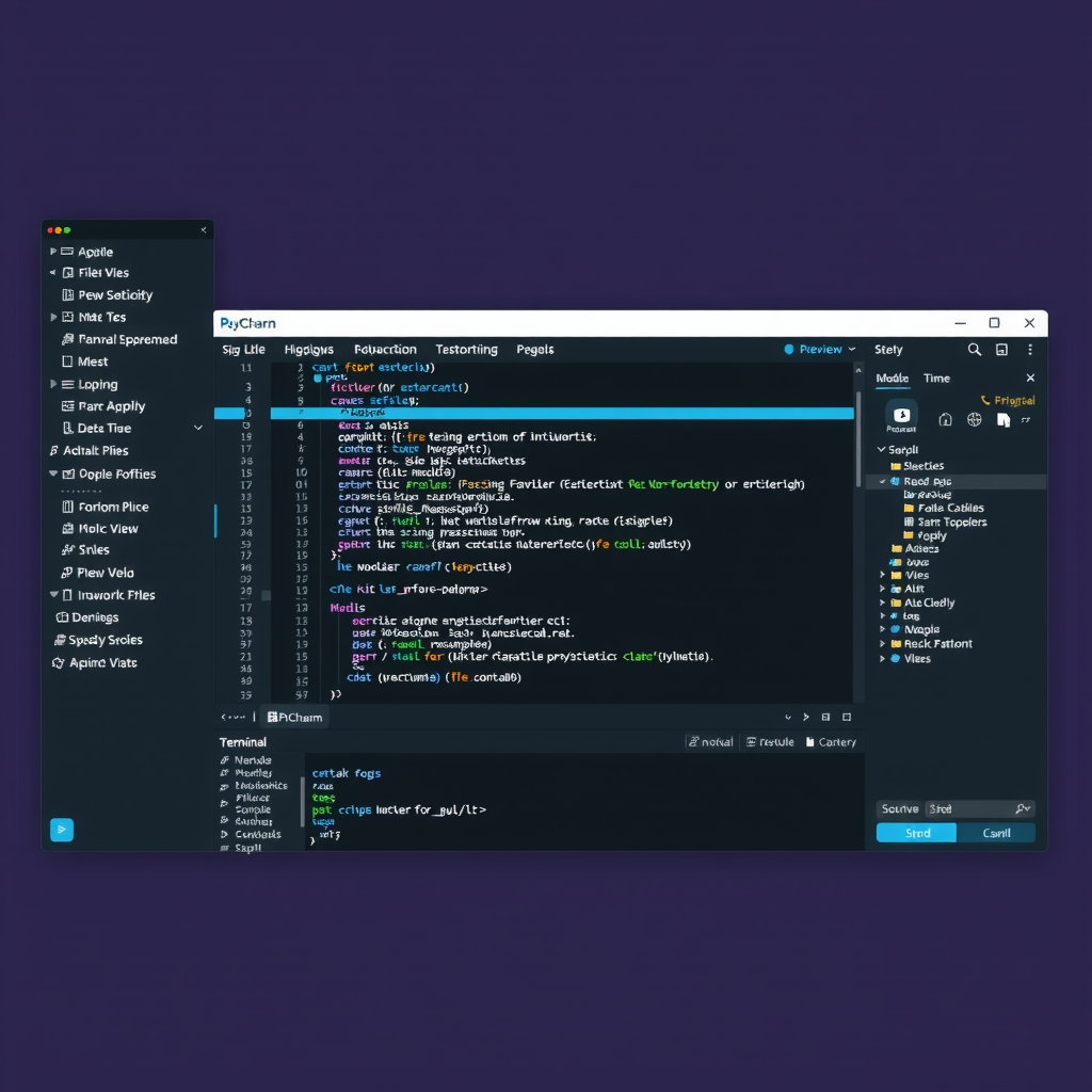 PyCharm main interface showing the complete IDE layout with project explorer on the left displaying a file tree, central editor window with Python code and syntax highlighting, bottom panel with terminal and console tabs, and right sidebar with structure view. The interface uses the Darcula dark theme with teal accents.