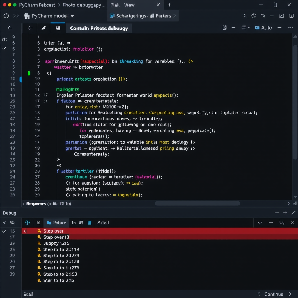 PyCharm debugger interface showing code editor with breakpoints marked as red dots in the left margin, debug console at the bottom displaying variable values, and debug toolbar with step over, step into, and continue buttons. The interface shows a paused program execution with highlighted current line.