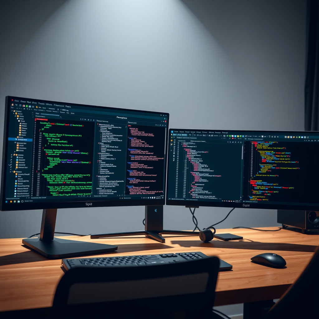 Modern developer workspace showing PyCharm running on multiple monitors with code editor, debugger, and terminal windows displaying Python development workflow